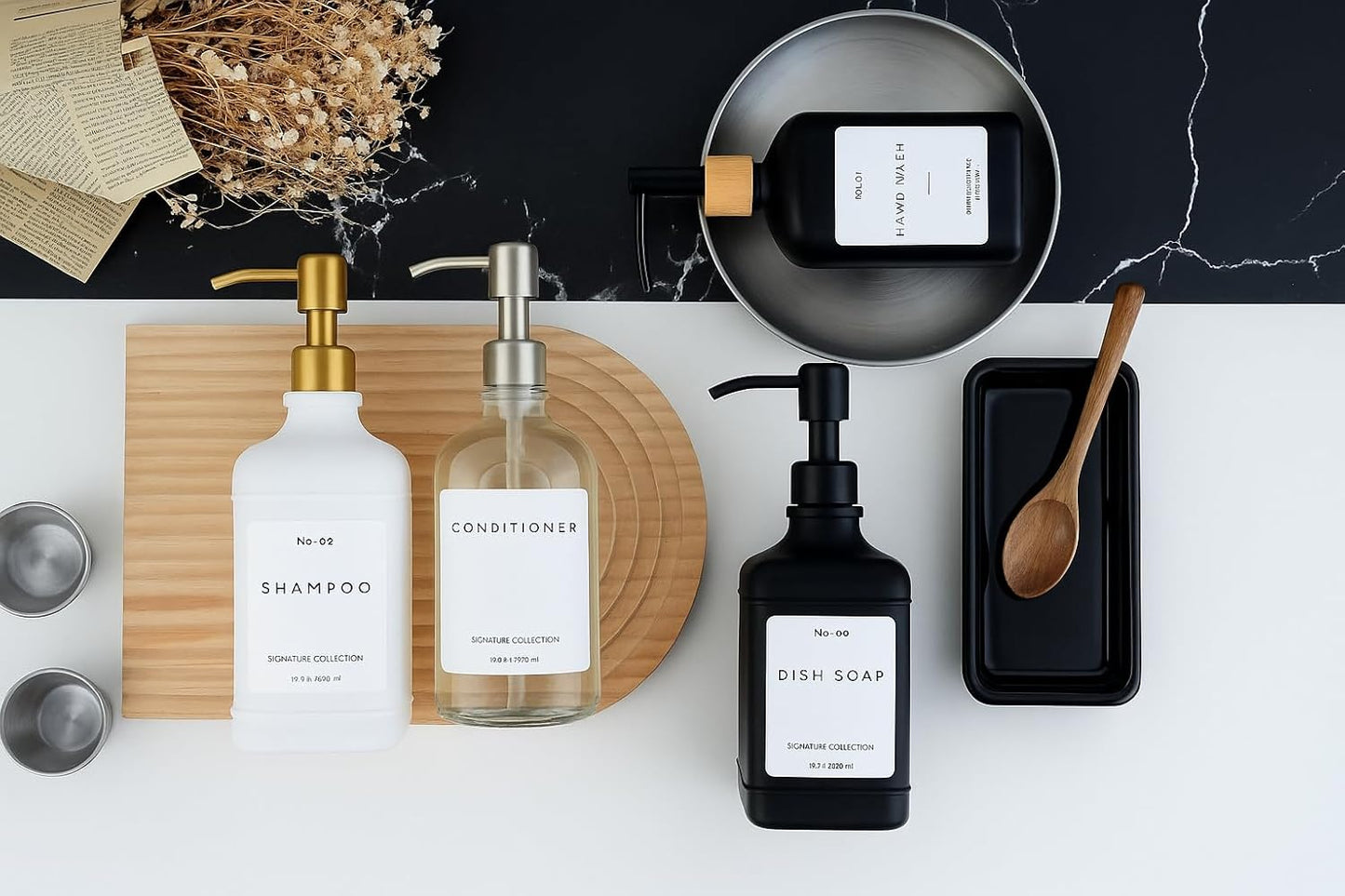 Emerson Essentials Soap Dispenser, Dish Soap Dispenser, Soap Bottle Bathroom Set, Hand Soap Farmhouse Home, Kitchen Soap Dispenser Set - Glass Soap Dispenser with Pump and Labels, 16 Oz, 2 Pack