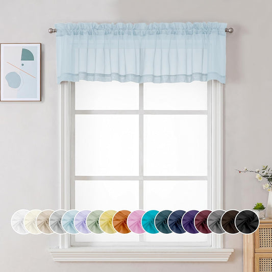 Chyhomenyc Light Blue Sheer Valances for Windows 2 Pack, Small Window Curtains for Living Room Bathroom Cafe Laundry Basement, Modern Top Dual Rod Pocket Voile Curtain, 42W x 14L inches, Sky Blue