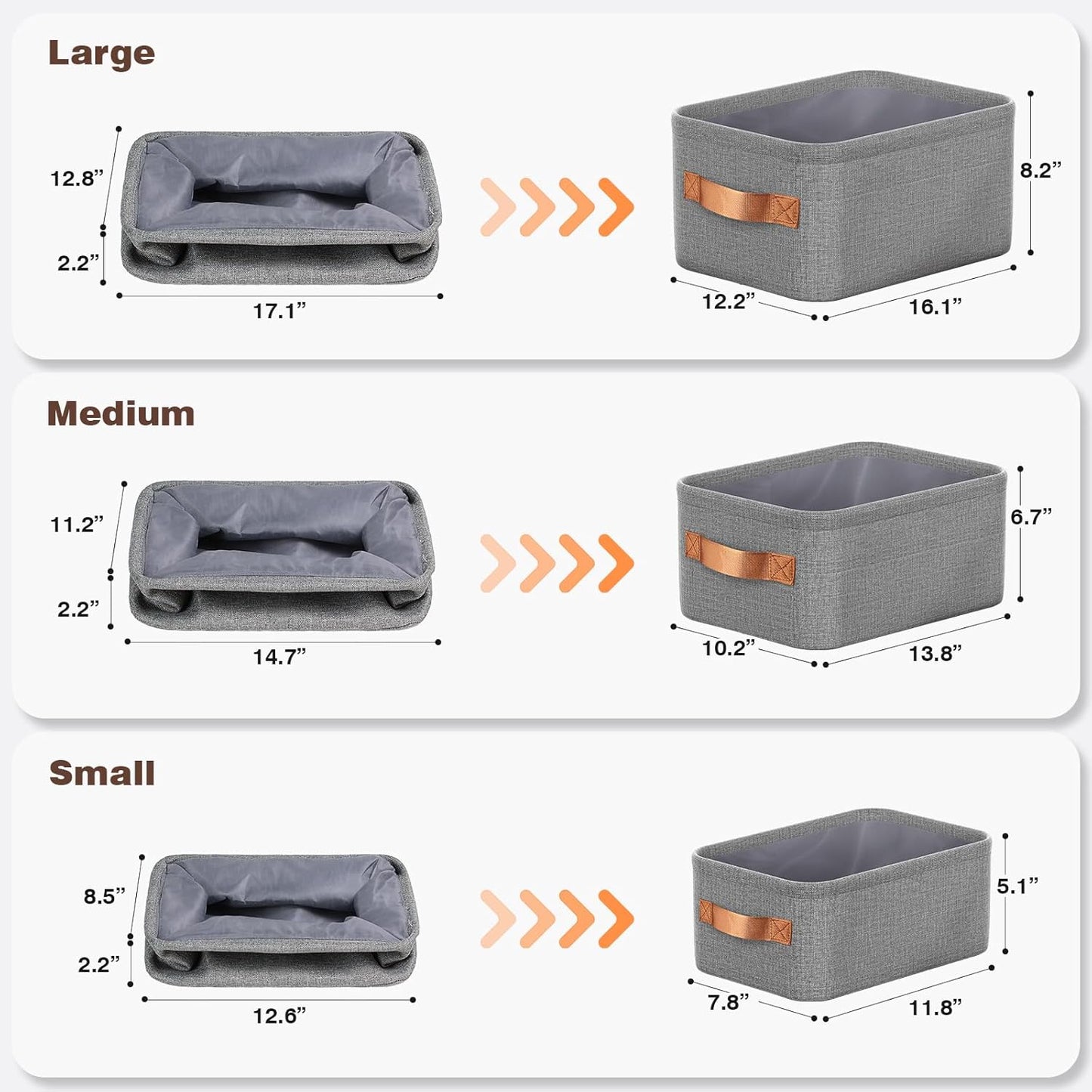 Large Storage Baskets for Shelves 3 Packs, Fabric Storage Bins for Shelves with Handles, 16.1'' L ×12.2'' W × 8.2'' H Collapsible Baskets for Organizing Clothes, Toy, Grey