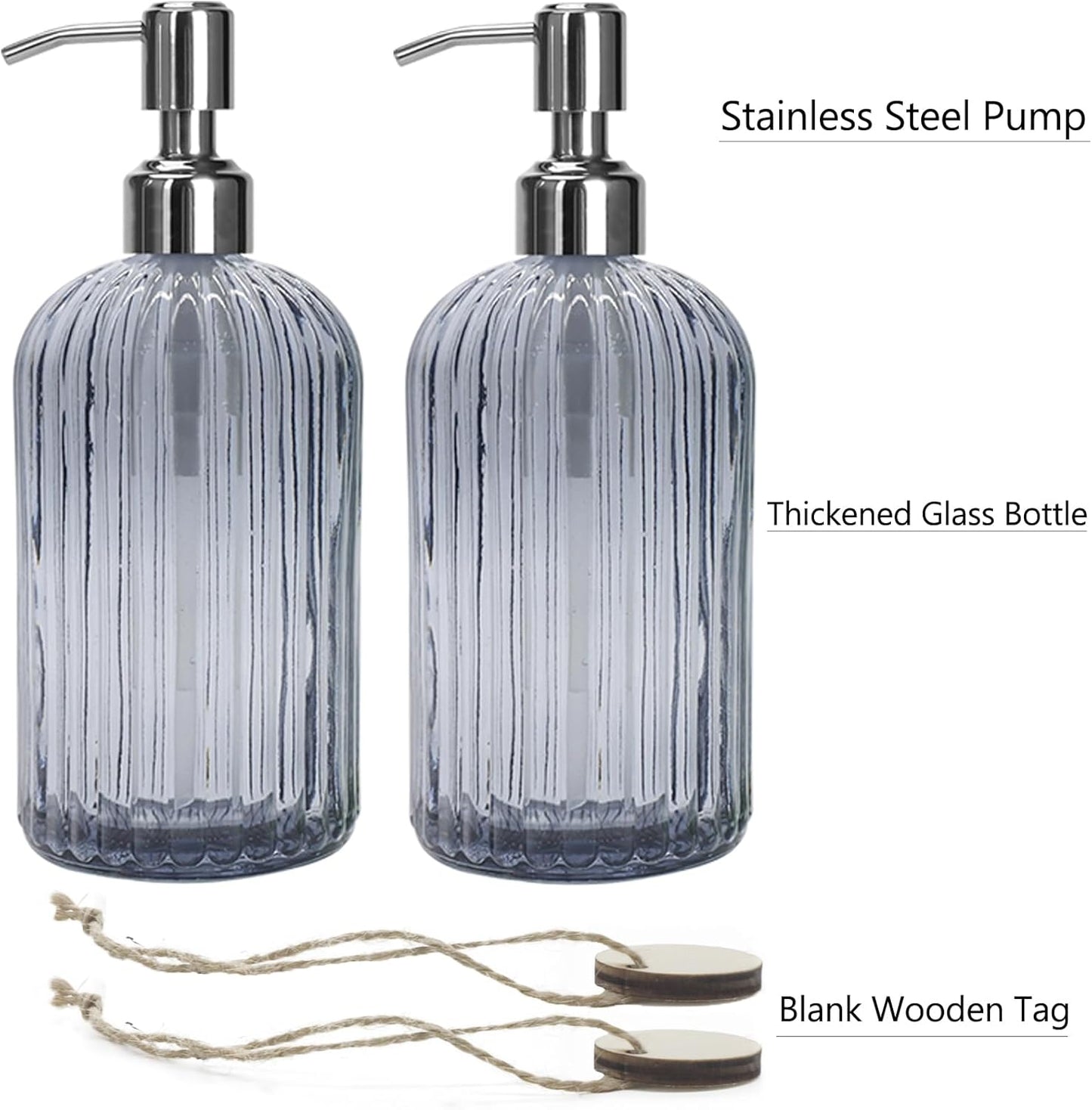 Grey Glass Soap Dispenser 18 oz, 2 Pack Hand Dish Soap Dispensers Bathroom with Stainless Steel Pump, Refillable Kitchen Liquid Decorative Bottles for Hand Sanitizer, Lotion