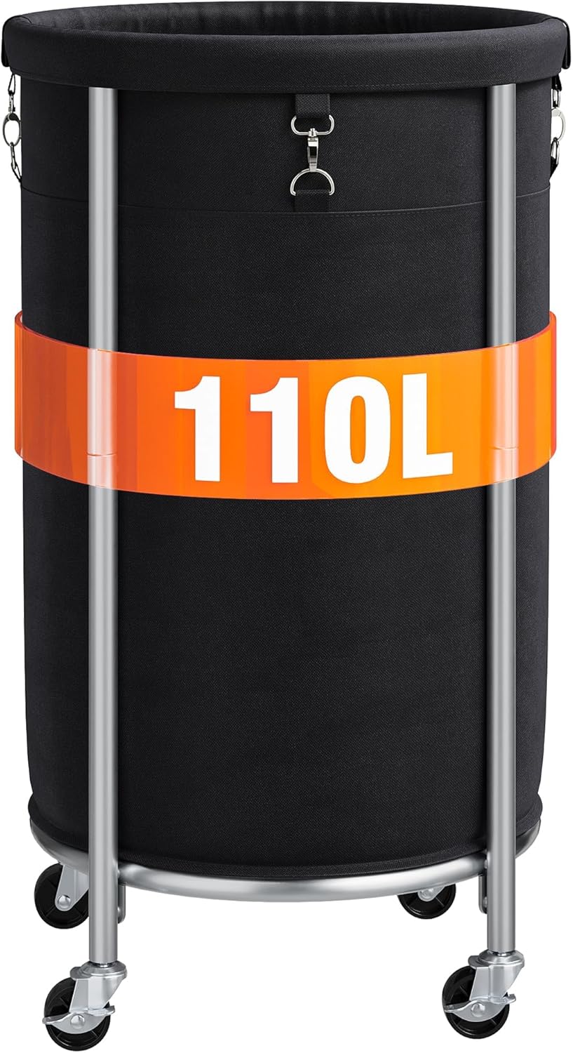 ELYKEN Laundry Hamper with Wheels, 110L Rolling Laundry Basket, Round Laundry Cart with Steel Frame and Removable Bag, 4 Casters and 2 Brakes, Dirty Clothes Hamper for Hotel, Home, Closet, Dorm, Black
