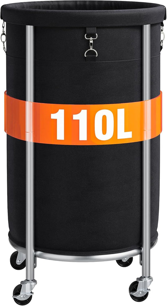 ELYKEN Laundry Hamper with Wheels, 110L Rolling Laundry Basket, Round Laundry Cart with Steel Frame and Removable Bag, 4 Casters and 2 Brakes, Dirty Clothes Hamper for Hotel, Home, Closet, Dorm, Black