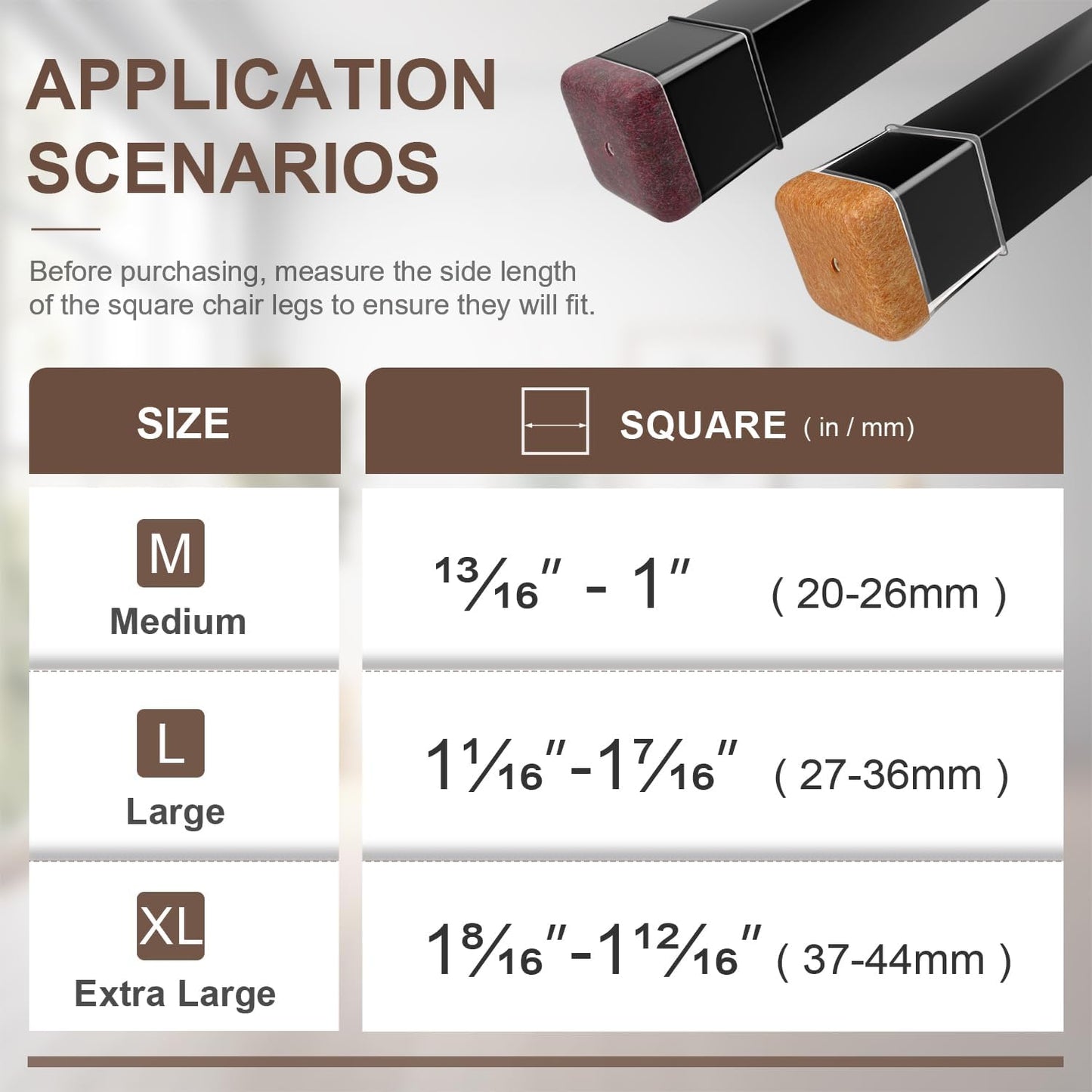 20 Pcs Chair Leg Floor Protectors for Hardwood Floors, Black Rubber Furniture Sliders with Felt, Silicone Furniture Leg Caps Covers (Fit Square Diameter:1.5" to 1.75")