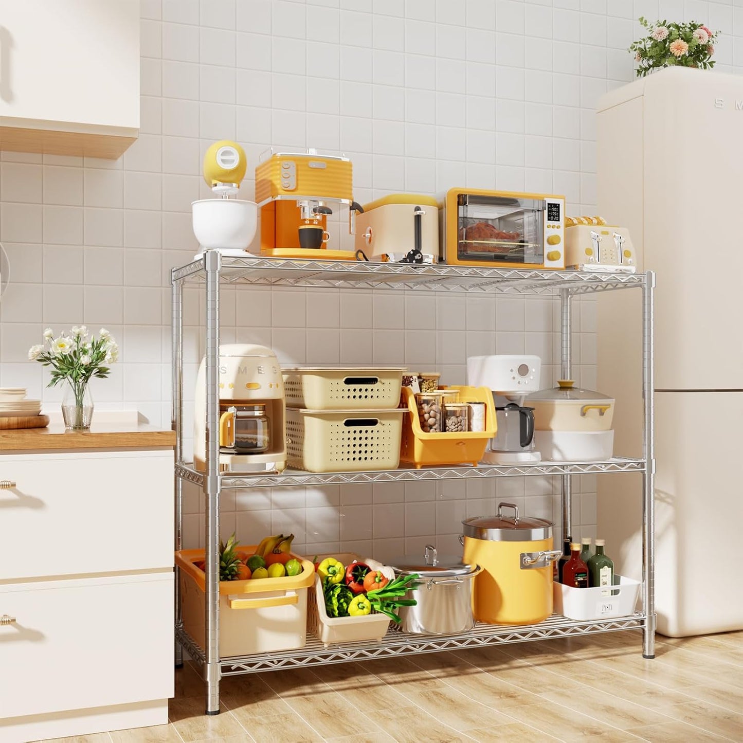 Storage Shelves, 48" L x 20" W x 47" H Heavy Duty Garage Wire Shelving Unit Loads 1200LBS, 3-Tier Adjustable Metal Industrial Utility Shelf Rack for Kitchen, Laundry Room, Basement