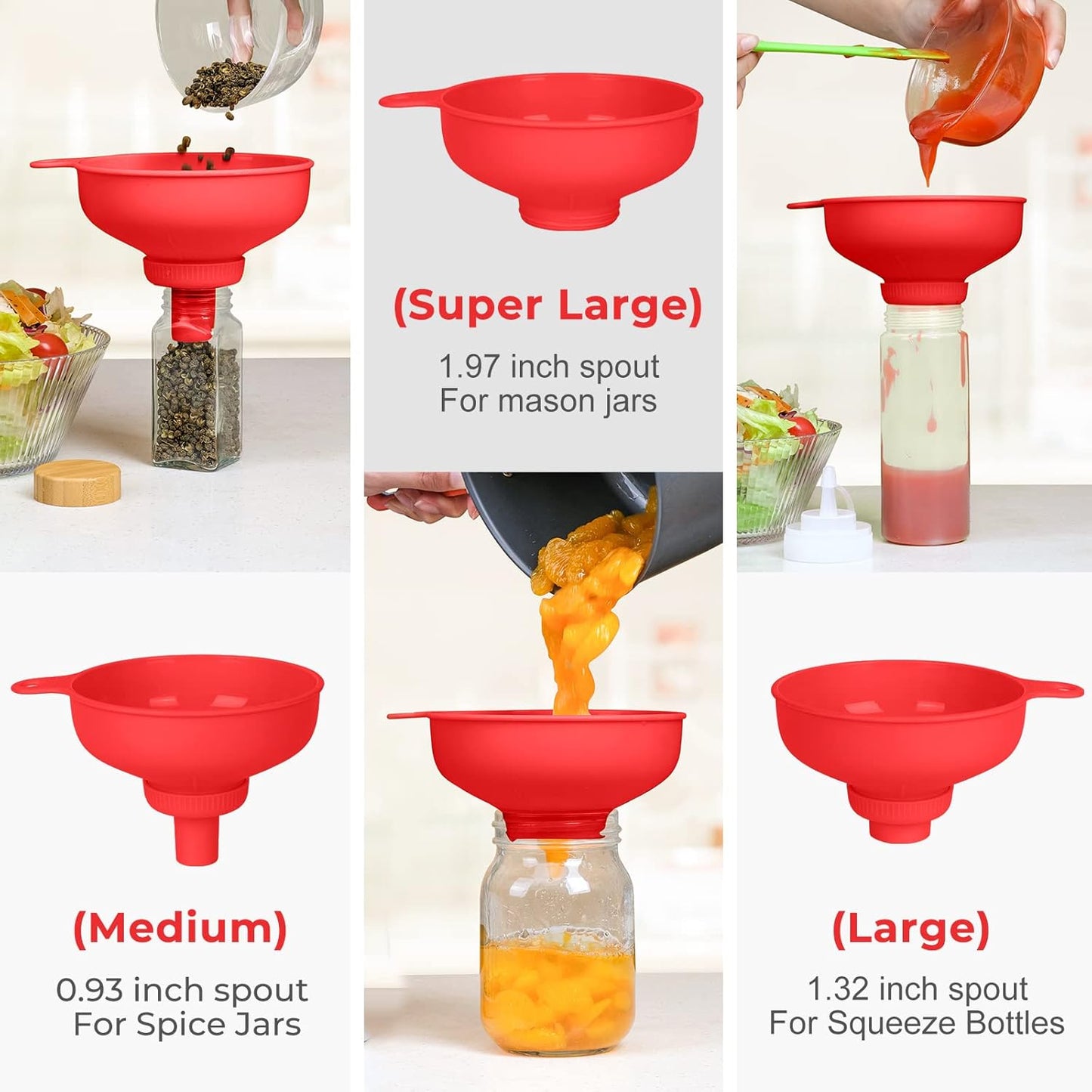 Wide Mouth Kitchen Funnel, Food Grade Plastic Cooking Canning Funnel with 4 Sizes Spouts for Filling Wide and Regular Mason Jars, Spray Dropper Oil Bottle Jug Spices Shampoo Sauce