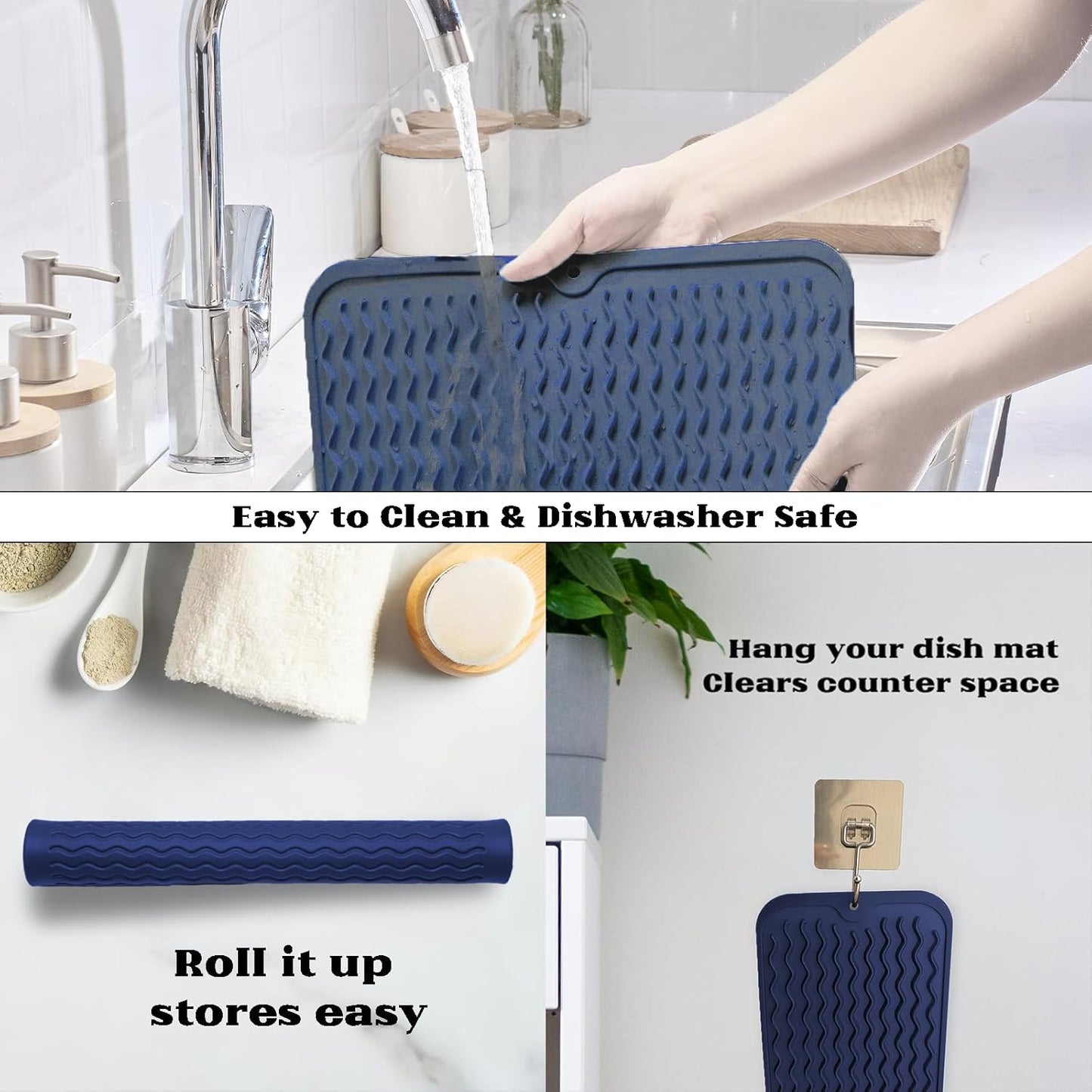 ZLR Silicone Dish Drying Mat for Kitchen Counter, Eco-Friendly Fast Dry Dish Mat, Easy Clean Multi Usage Drying Matt, Heat Resistant Trivet, 12" x 16" Large, Midnight Blue