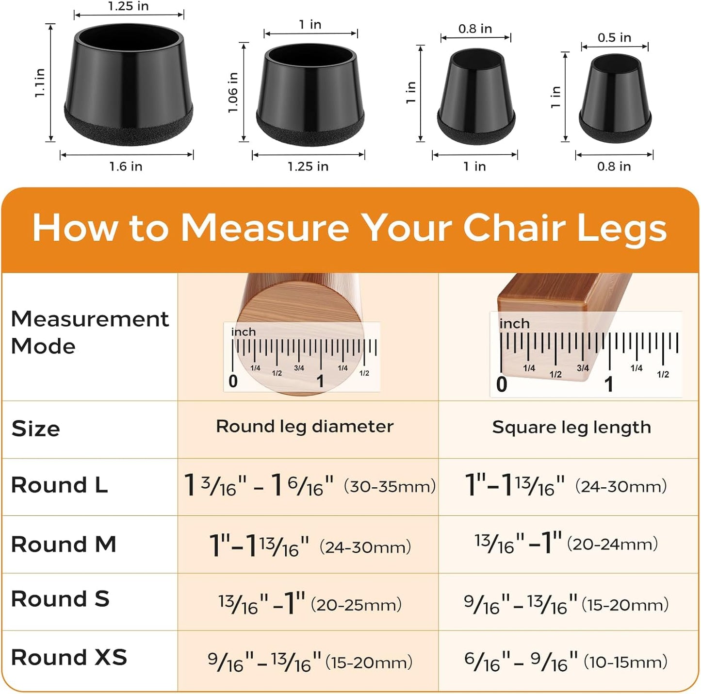 24 PCS Silicone & Felt Chair Leg Floor Protectors for Hardwood Floors - Furniture Pads, Chair Leg Covers/Cups - No Noise & Scratch-Proof - Round M (Fits 1"-1 3/16" / 24-30mm), Black