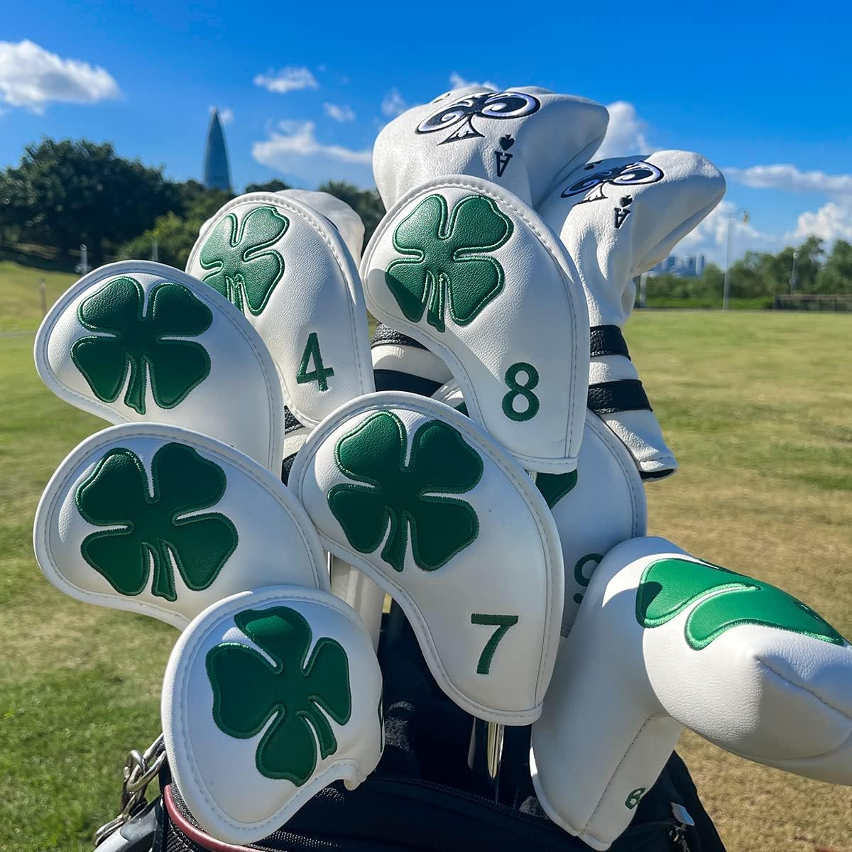 Golf Iron Covers Golf Iron Head Covers Leather Golf Iron Covers for Golf Clubs 10pcs Golf Iron Headcovers Lucky Clover Golf Club Head Covers for Iron with Magic Tape Fit All Brands