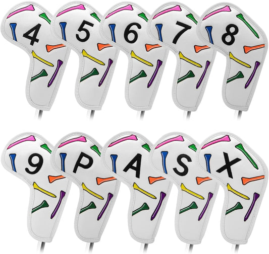 Golf Iron Head Covers 9/10pcs Leather Golf Club Covers for Iron with Magic Tape Fit Most Brand(Colorful Tee/10pcs)