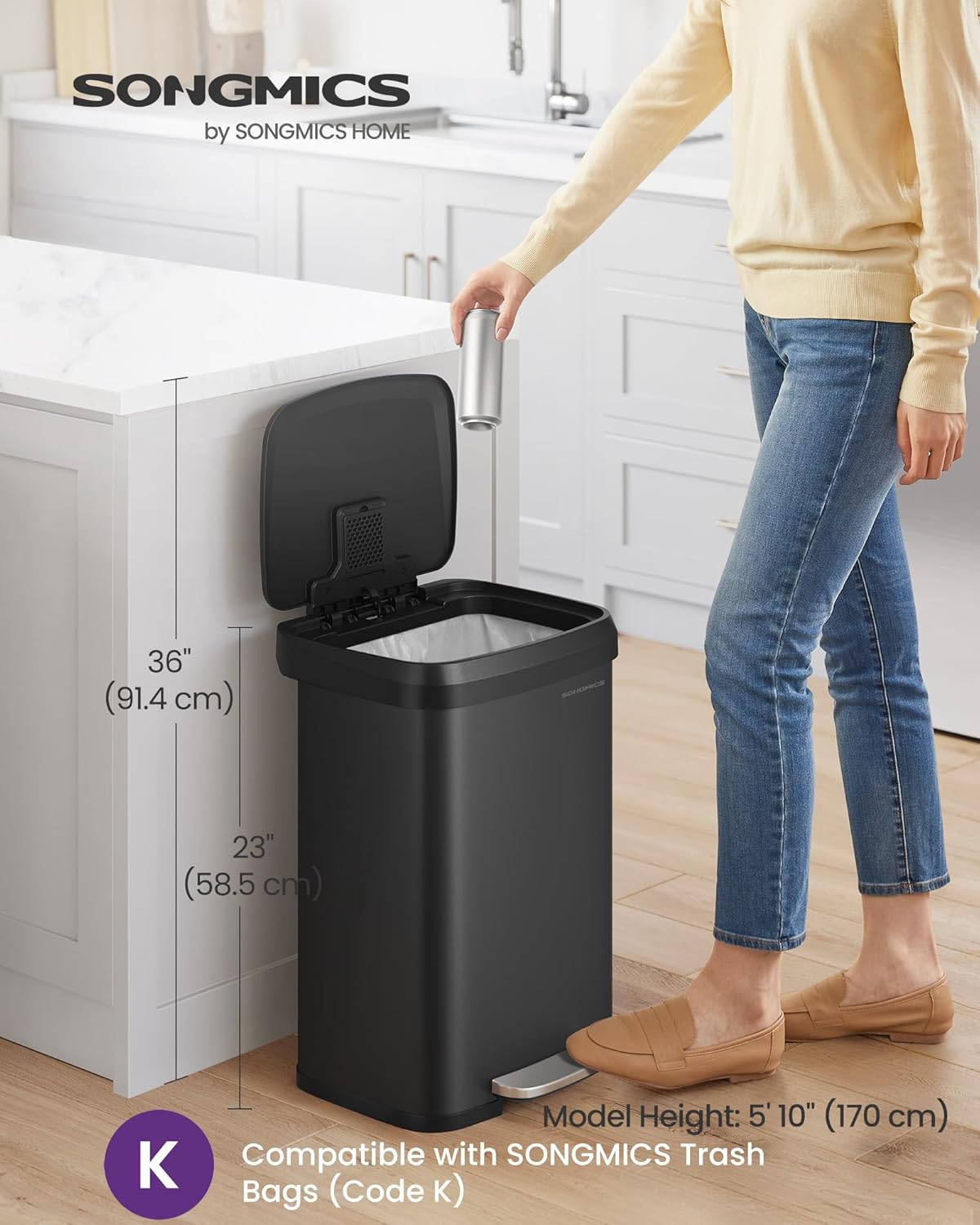 SONGMICS Kitchen Trash Can, 13 Gallon (50 L) Stainless Steel Garbage Can, with Stay-Open Lid and Step-on Pedal, Soft Closure, Tall, Large and Space-Saving, Black ULTB530B50