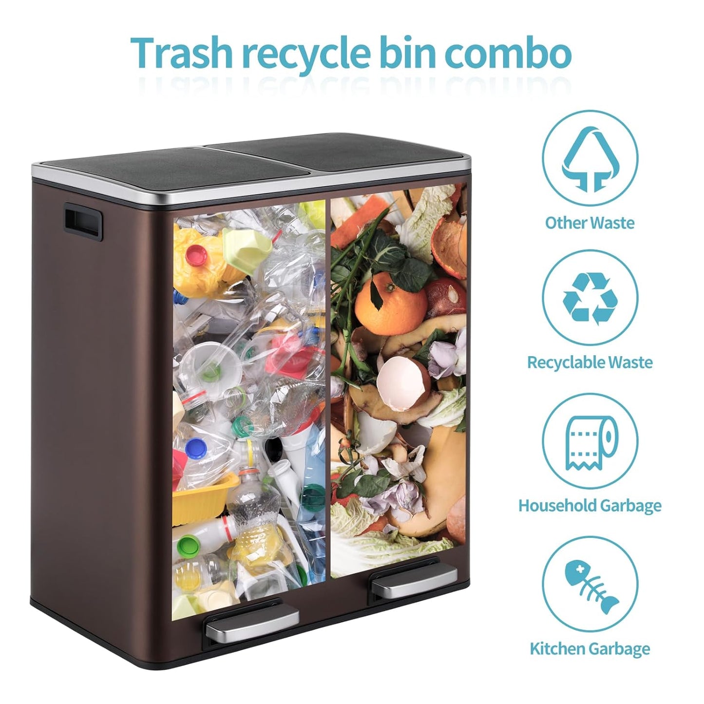 16 Gallon Rectangular Stainless Steel Trash Can, Dual Compartment Garbage Bin with Recycling Combo, Metal Dustbin Lid, Removable Liner, Indoor Hands Free Waste Bucket for Kitchen Home