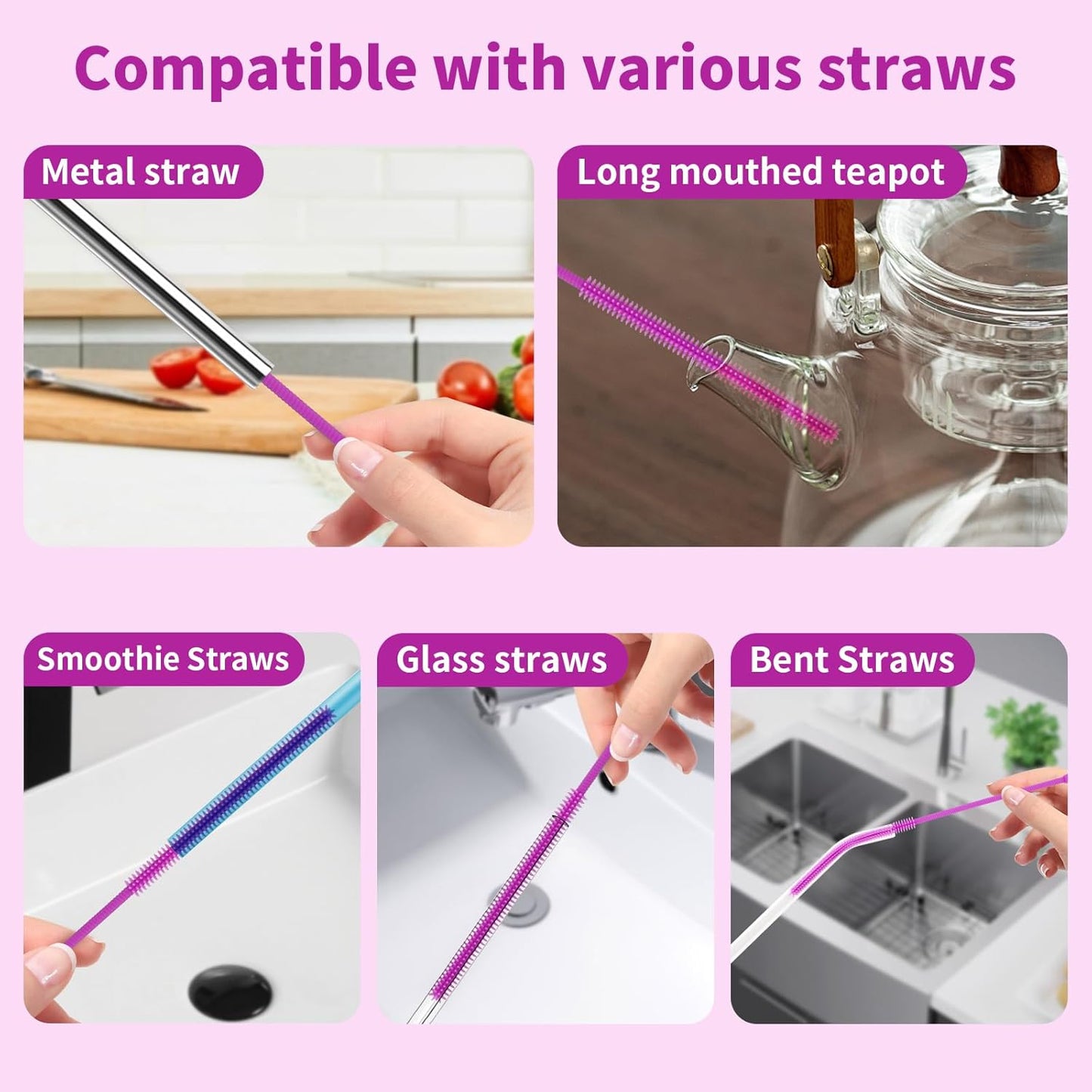 2Pcs Silicone Straw Cleaner Brush, 9.84in Reusable Straw Cleaner with Bendable Steel Core, Extra Long Soft Bottle Brush for Clearing Glass Straws, Smoothie Straws, 9mm&6mm (Purple)