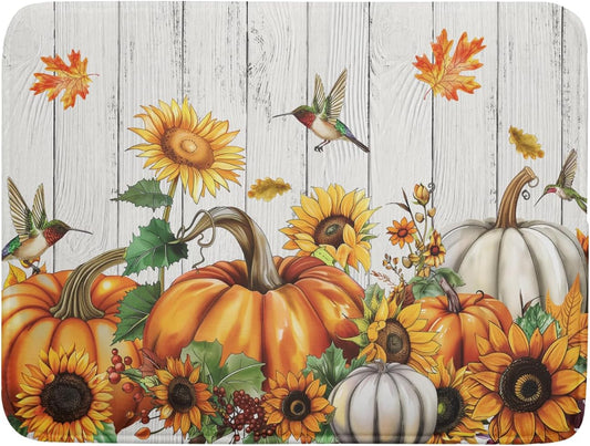 Fall Sunflower Maple Leaves Dish Drying Mat for Kitchen Counter Autumn Harvest Pumpkin Dish Drying Mat 16”x18” Thanksgiving Dishes Pad Dish Drainer Rack Mats Absorbent Fast Dry Kitchen Accessories