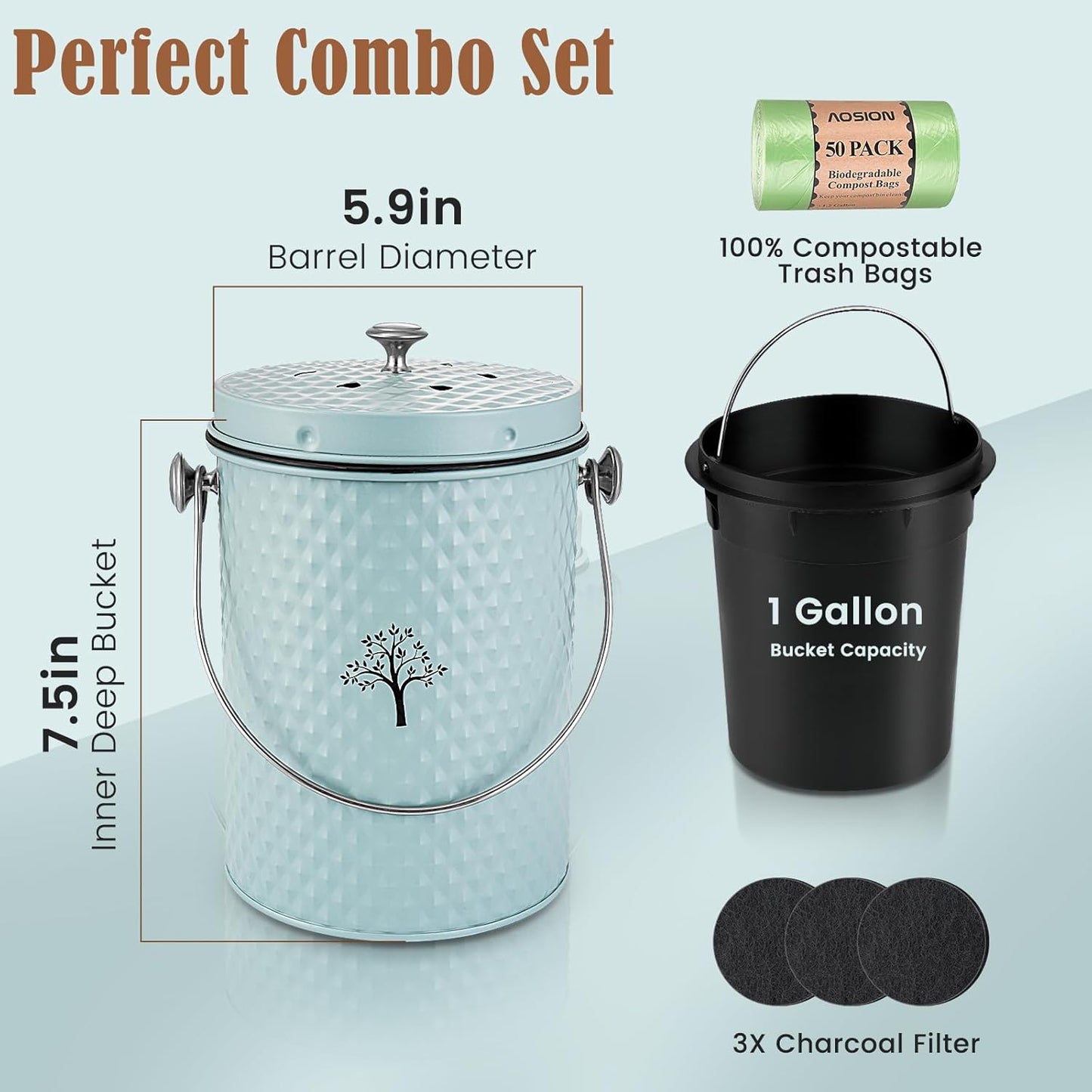 AOSION Countertop Compost Bin Kitchen,Odor Resistant Indoor Compost Bin with Lid and Compost Bags,Compost Bucket Composter Container for Food Waste,Blue