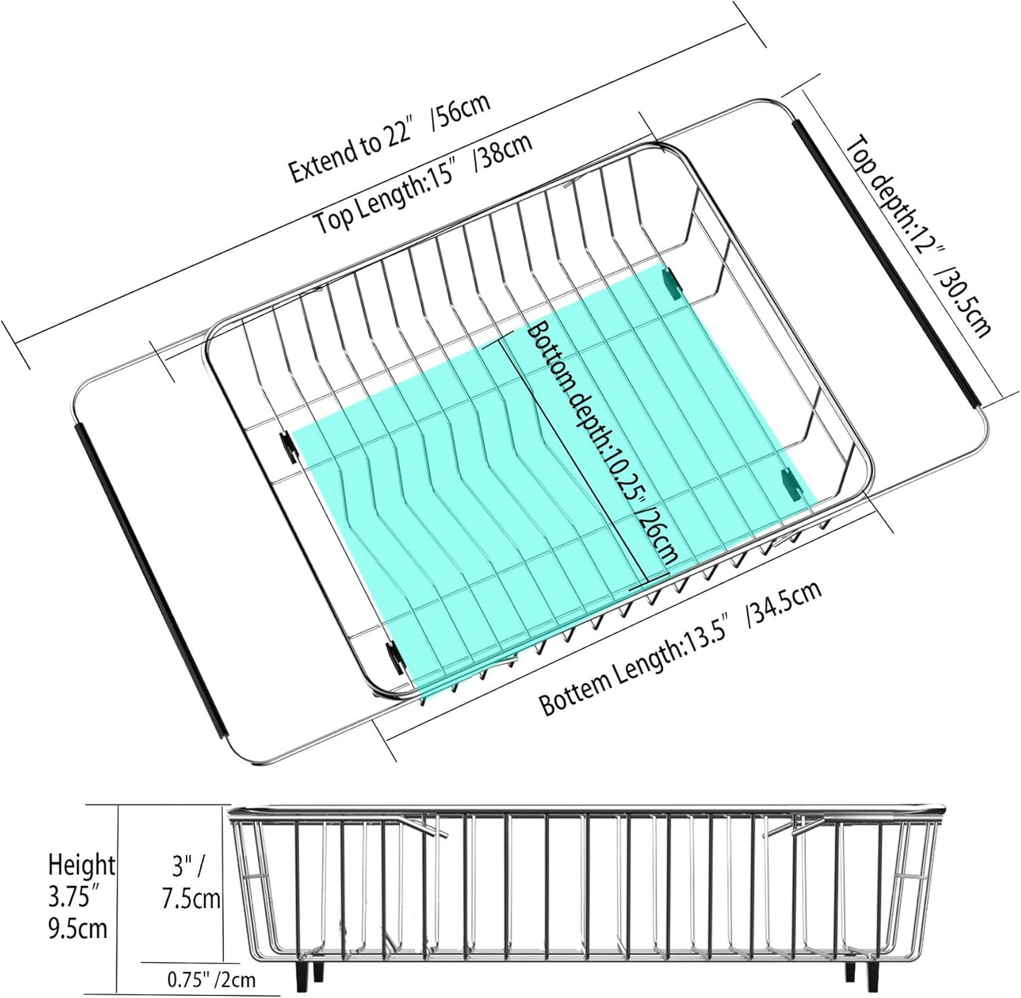 SANNO Expandable Dish Drying Rack Over Sink Dish Rack Shelf in Sink or On Countertop with Stainless Steel Utensil Holder Rustproof Stainless Steel