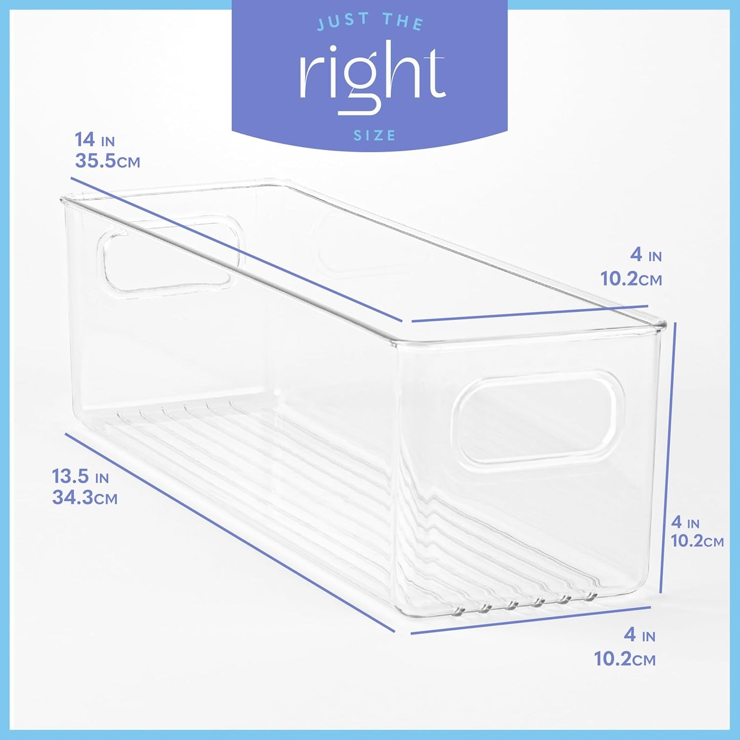 Plastic Food Storage 4 Pack Clear Container Bin with Handles for Organizing Kitchen, Pantry, Refrigerator, Freezer, Pantry, Cabinet, Closet, Bathroom. 14”x4”x4”
