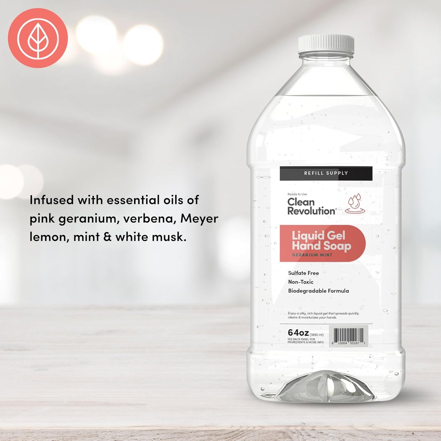 Clean Revolution Liquid Gel Hand Soap, Silky Rich Liquid, Quick Lather, Fast Rinsing, Contains Real Essential Oils (Geranium Mint) 64 Fl Oz