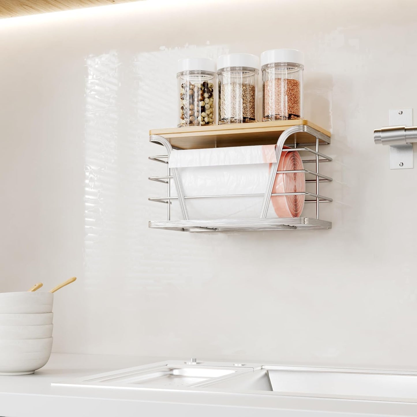 Small Bag Holder，Plastic Bag Holder with Removable Bamboo Top, No Drill, 304 Stainless Steel