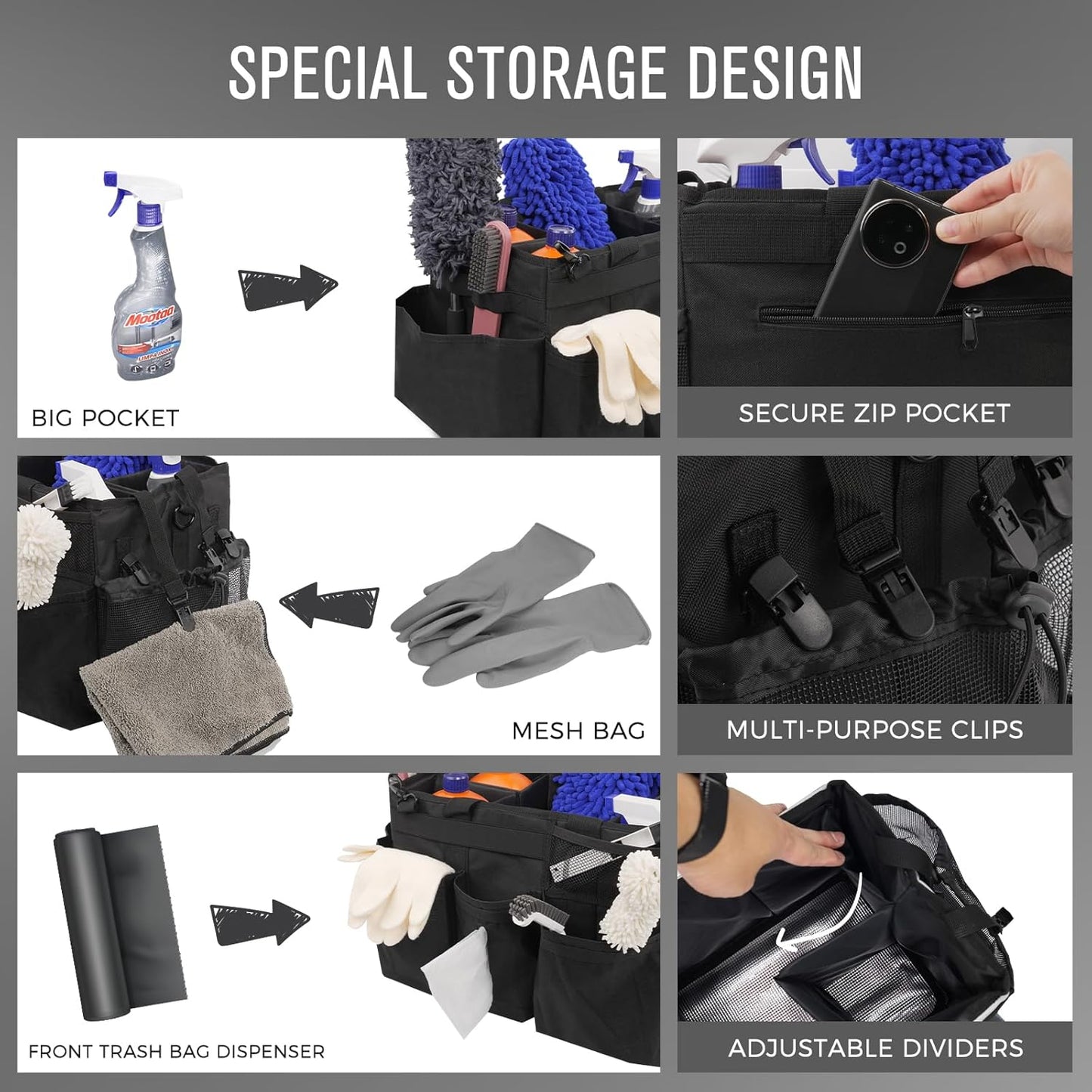 Wearable Cleaning Caddy Organizer with Handle & Shoulder Straps for Housekeepers, Under Sink & Car Cleaning Tool Organizer Bag with 4 Foldable Dividers (Black)