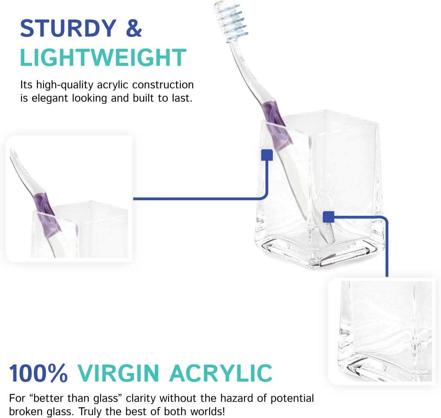 Huang Acrylic Clear Square Tapered Bathroom Toothbrush Holder/Tumbler | Easy to Clean Durable Acrylic | Single Piece Set