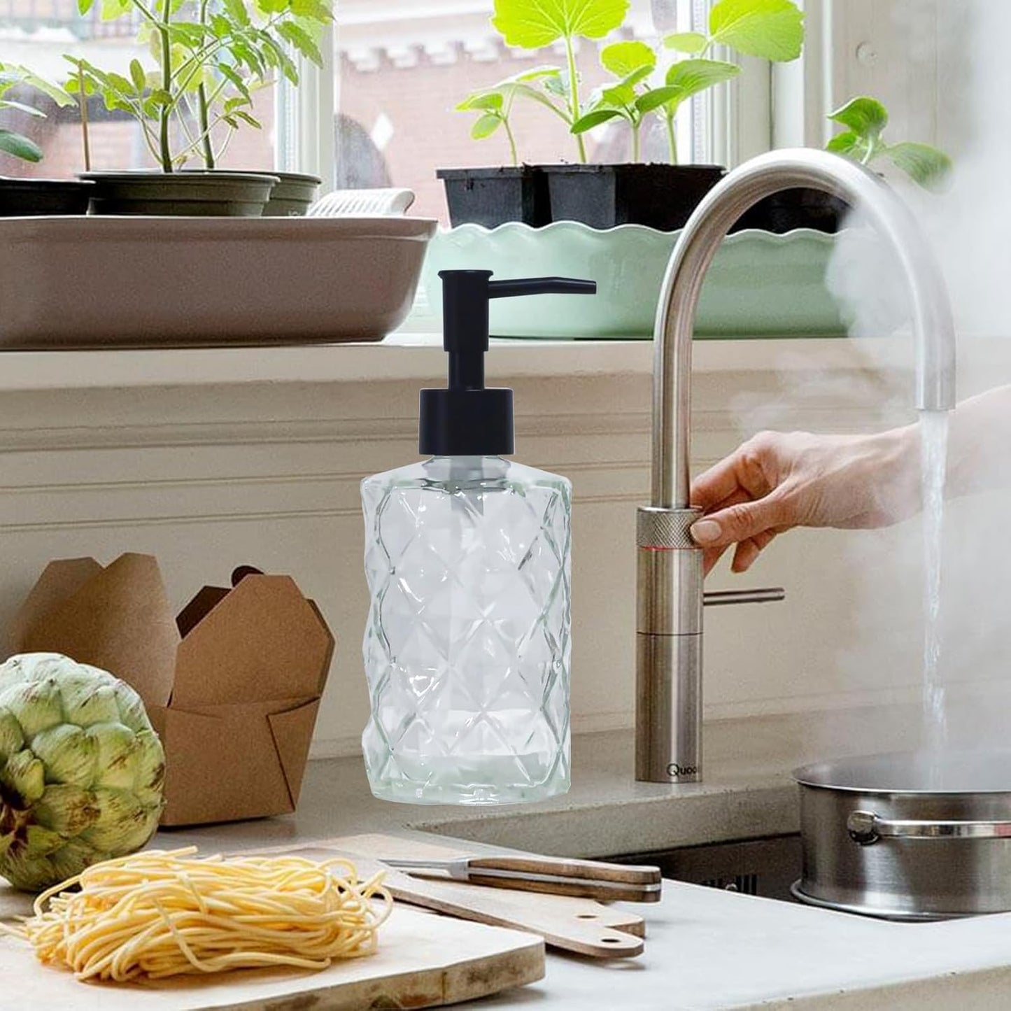 Crystal Glass Soap Dispenser, 12oz Clear Bathroom Hand Dispenser, Lotion Dispenser with Black Plastic Pump for Modern Home Decor, Kitchen Countertop, Hotel