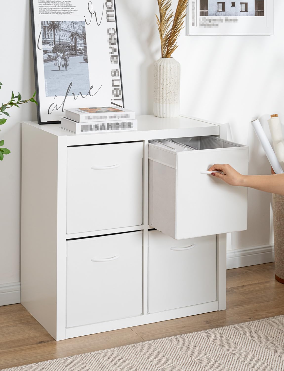 StorageWorks White Storage Cubes, 13-inch Leather Bins with Handle, Cube Organizer Baskets for Shelves and Closet, Collapsible Storage Bins, 4-Pack