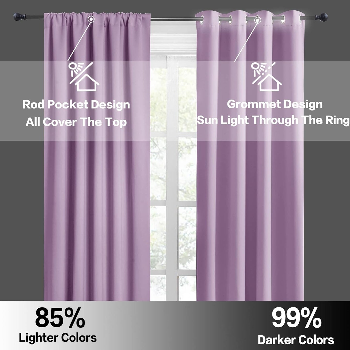 RYB HOME Bedroom Curtains Solid Blackout Panels Rod Pocket Thermal Insulated Window Drapes for Living Room, 42 Width x 63 inch Length 2 Panels Set, Lilac