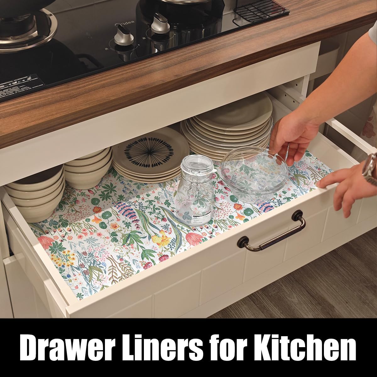 Floral Shelf Drawer Liners, 16IN x 10FT Non Adhesive and Strong Non-Slip Colorful Cabinet Drawer Shelf Liners for Kitchen Wire Fridge, Waterproof Cabinet Liner,Easy to Clean