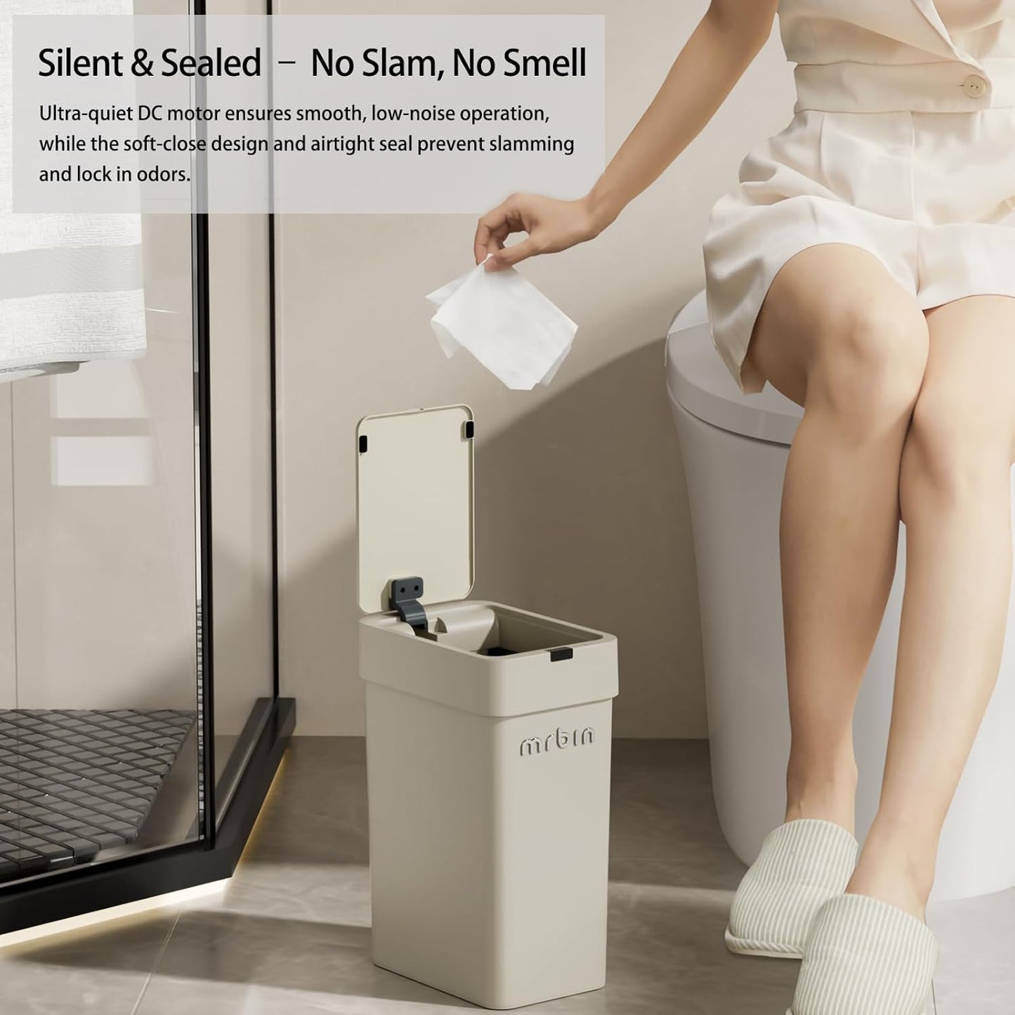 MRBIN Motion Sensor Bathroom Trash Can with Lid, 9L/2.4gal Automatic Plastic Slim Covered Electric Waste Basket, Narrow Rectangle Garbage Bin Under Desk for Small Office, Bedroom, Kitchen, Rv, Gray