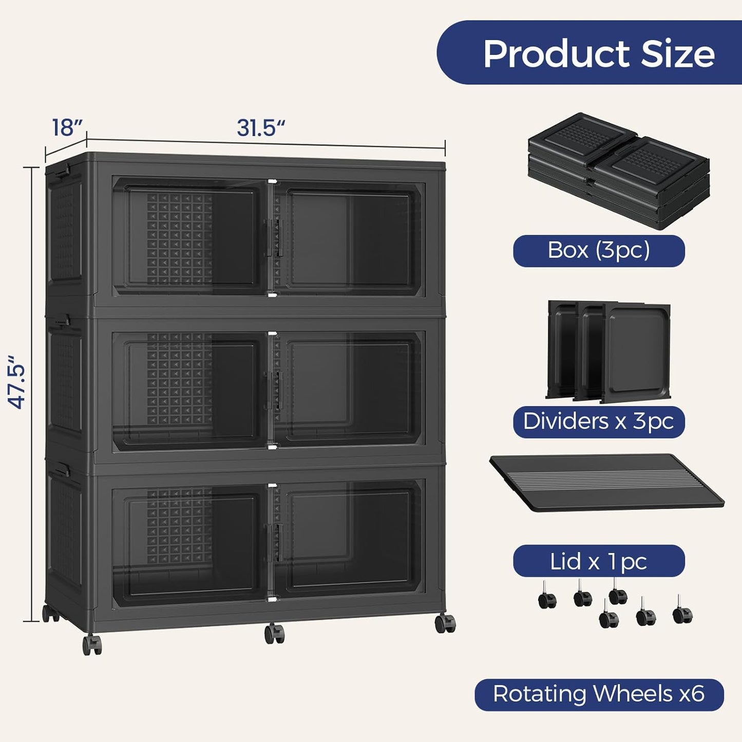 150GAL Extra Large Storage Bins with Lid, 600Qt Stackable Closet Organizers and Drawers, Collapsible Storage Bins with Wheels, Folding Storages Cabinet for Home Bedroom Office, 3Pack Black