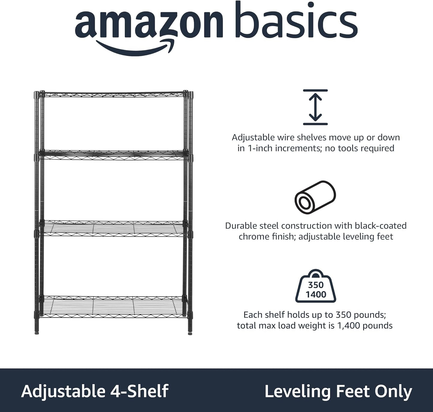 Amazon Basics 4-Shelf Adjustable Heavy Duty Steel Wire Rack Storage Shelving Organizer for Kitchen, Garage, 36" L x 14" W x 54" H, Black