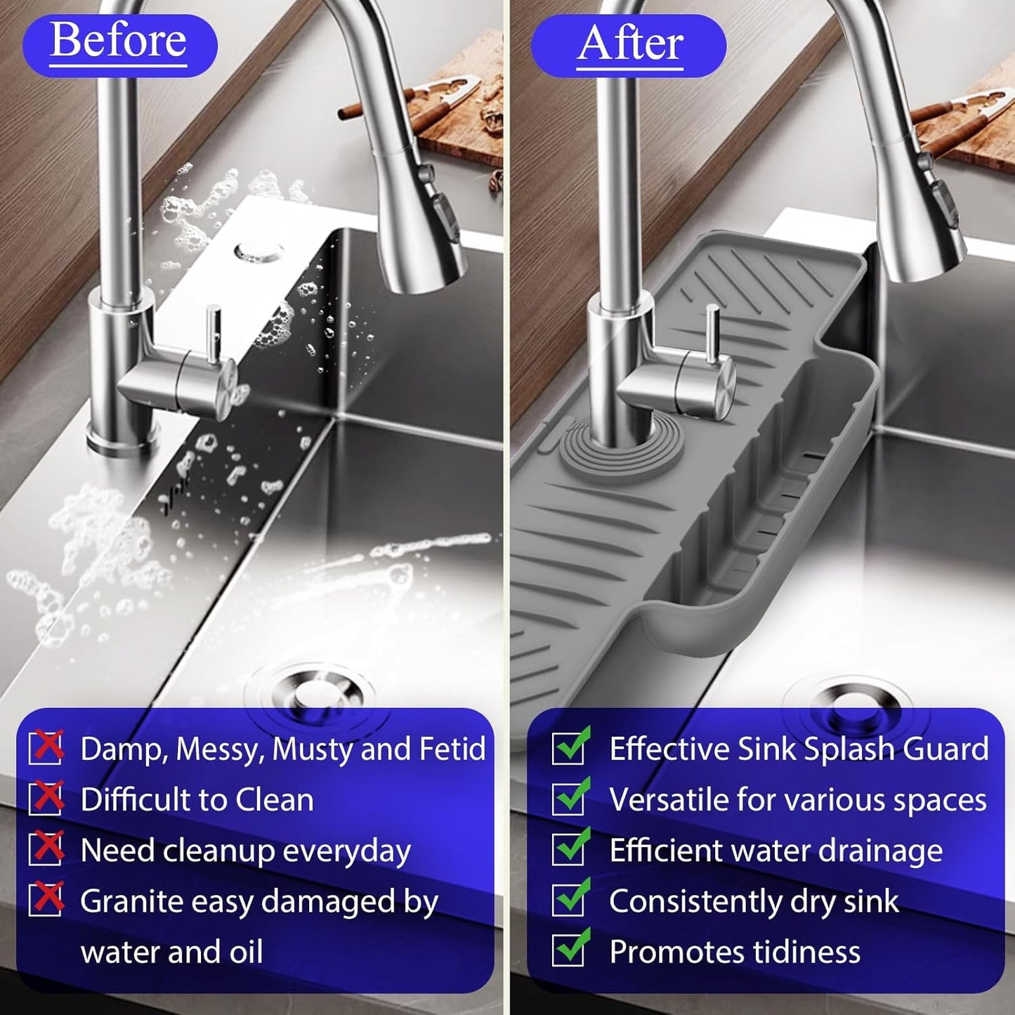 Silicone Faucet Mat with Sponge Holder, Sink Splash Guard, Faucet Draining Mat for Kitchen Bathroom, 5° Slope Split-flow Drainage, Sink Dry and Tidy Organizer, Gray