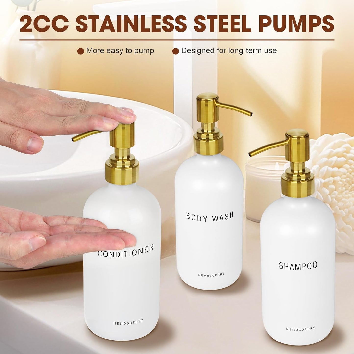 Glass Shampoo and Conditioner Dispenser-Shampoo Dispenser for Shower-16.9 fl oz Set of 3 Refillable Glass Bottles with Pump and Labels-Shower Soap Dispenser for Bathroom(White)