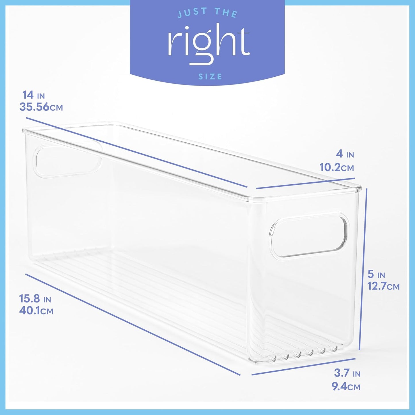Plastic Food Storage 2 Pack Clear Container Bin with Handles for Organizing Kitchen, Pantry, Refrigerator, Freezer, Pantry, Cabinet, Closet, Bathroom. 14”x4”x5”