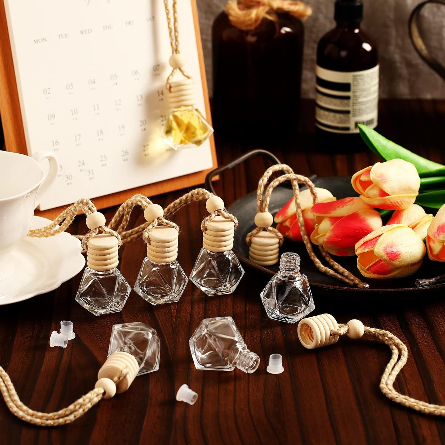 BBTO 50 Pcs Hanging Car Air Freshener Car Diffuser Bottles Empty Glass Perfume Bottle Freshener Diffuser Bottle Pendant for Essential Oil Fragrance Aromatherapy Bottle Ornament(Rhombus)