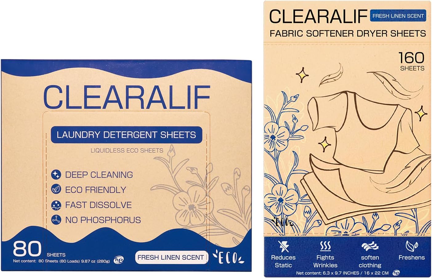 Clearalif All in One Laundry Detergent Sheets Kit, Fresh Linen Scent, 160 Loads Laundry Sheets + 160 Drying Sheets, Laundry Set Great for Travel, Softener Sheets Eco Package Friendly & Hypoallergenic