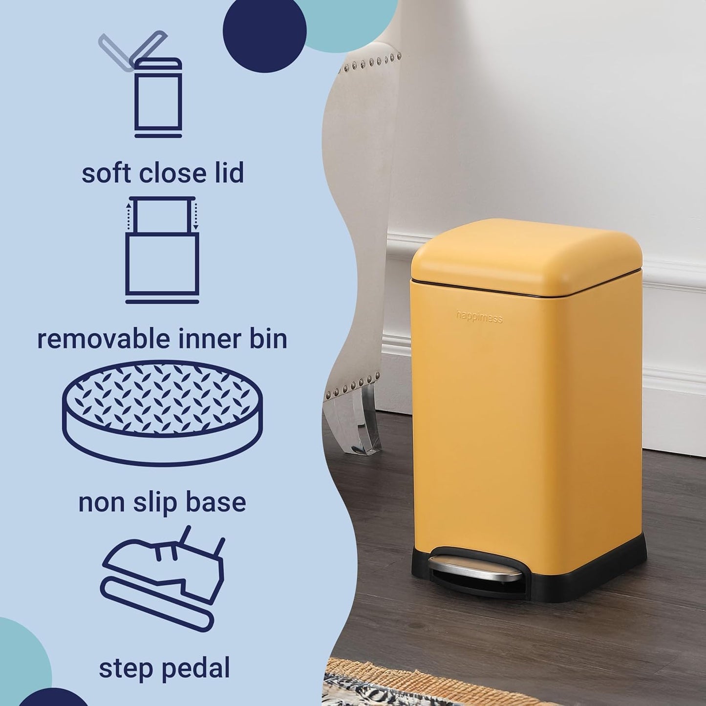 happimess HPM1012L Betty Retro Mini 3.2-Gallon Step-Open Trash Can, Daffodil Yellow for Home, Kitchen, Bathroom, Living Room, Office