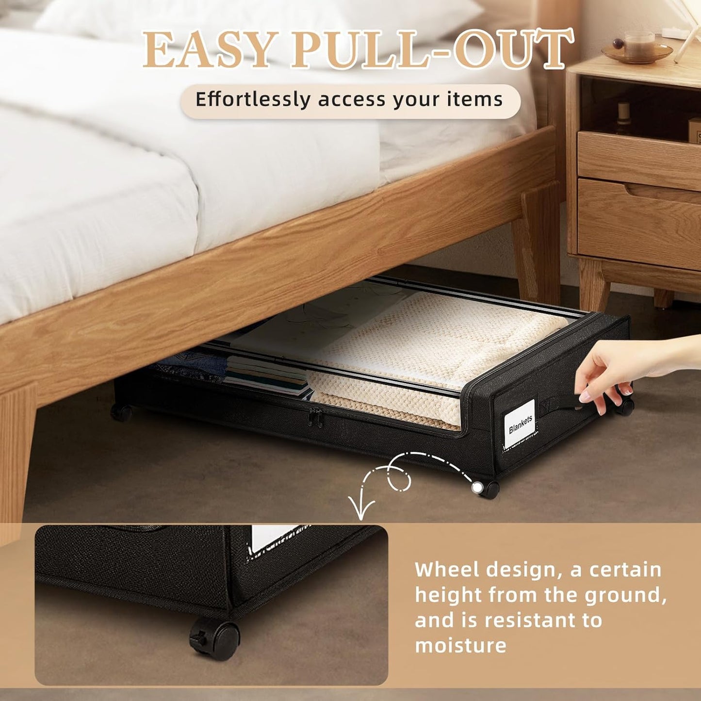 Under Bed Storage with Wheels 2-Pack，Under Bed Storage Containers XXL，Underbed Shoes Storage with Clear Lid,Rolling UnderBed Metal Drawer for Clothes Blankets Easy Pull-out Black