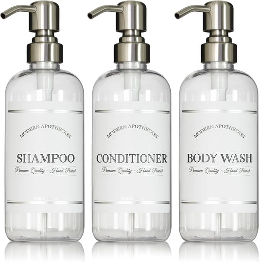 Clear Refillable Shampoo and Conditioner Bottles - Body Wash, Shampoo and Conditioner Dispenser - PET Plastic Shampoo Bottles Refillable with Pump - Waterproof Labels - 16 oz, 3 Pack (Stainless Steel)