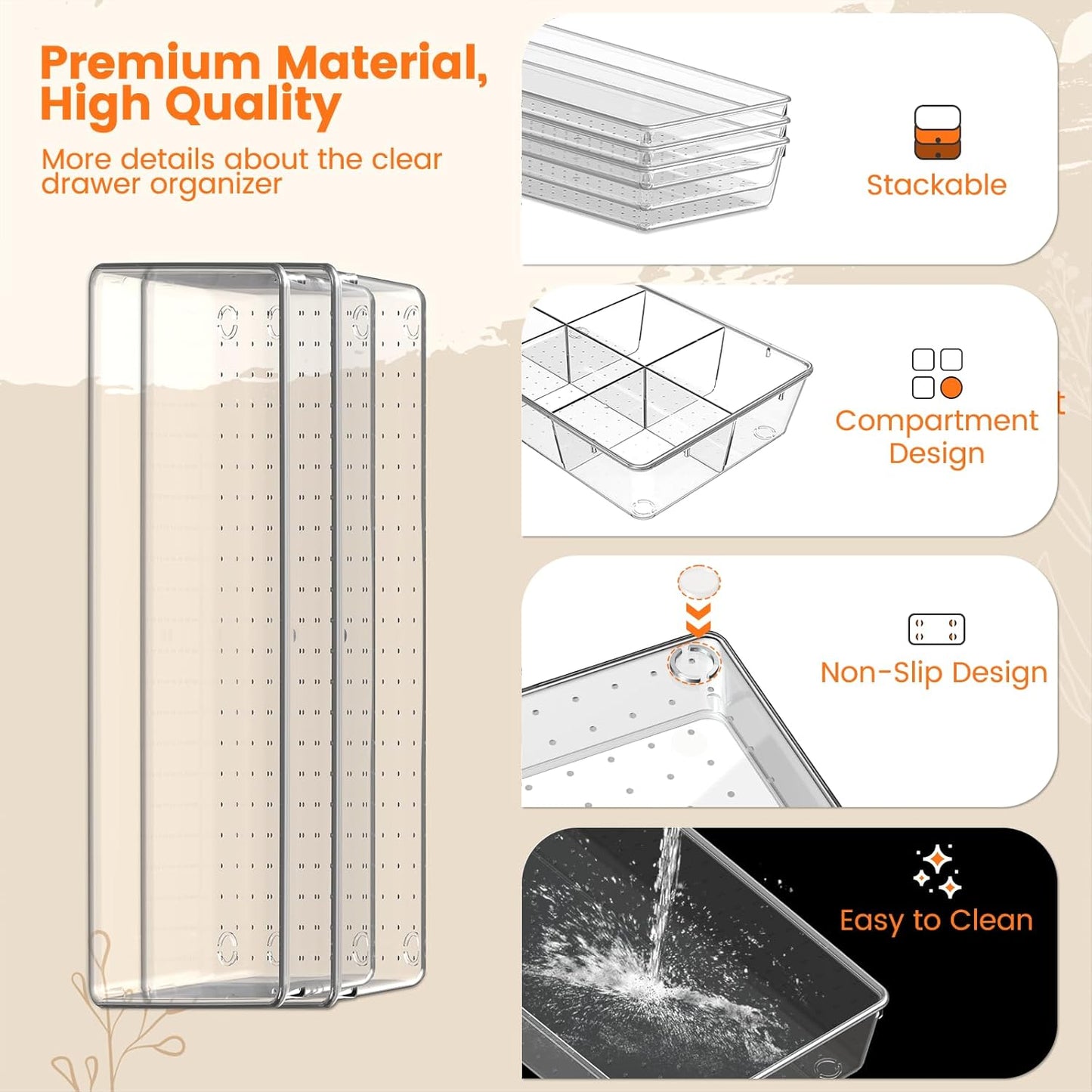 Criusia Drawer Organizer - 18 Pack Clear Large Kitchen Drawer Organization Trays, Non-Slip Dividers for Makeup, Jewelry, Utensils, Office, Bedroom, Bathroom