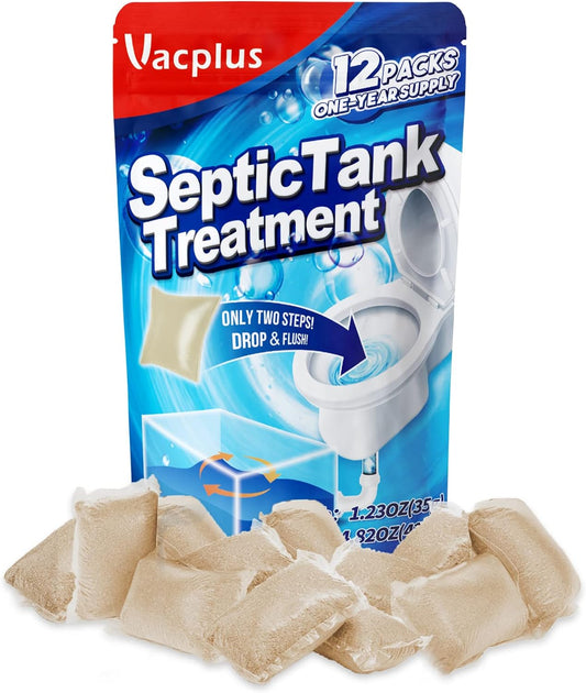 Vacplus Septic Tank Treatment 12 Pcs for 1-Year Supply, Dissolvable Packs with Easy Operation, Durable Biodegradable Enzymes for Wastes, Greases & Odors, Brown, 3x Efficiency
