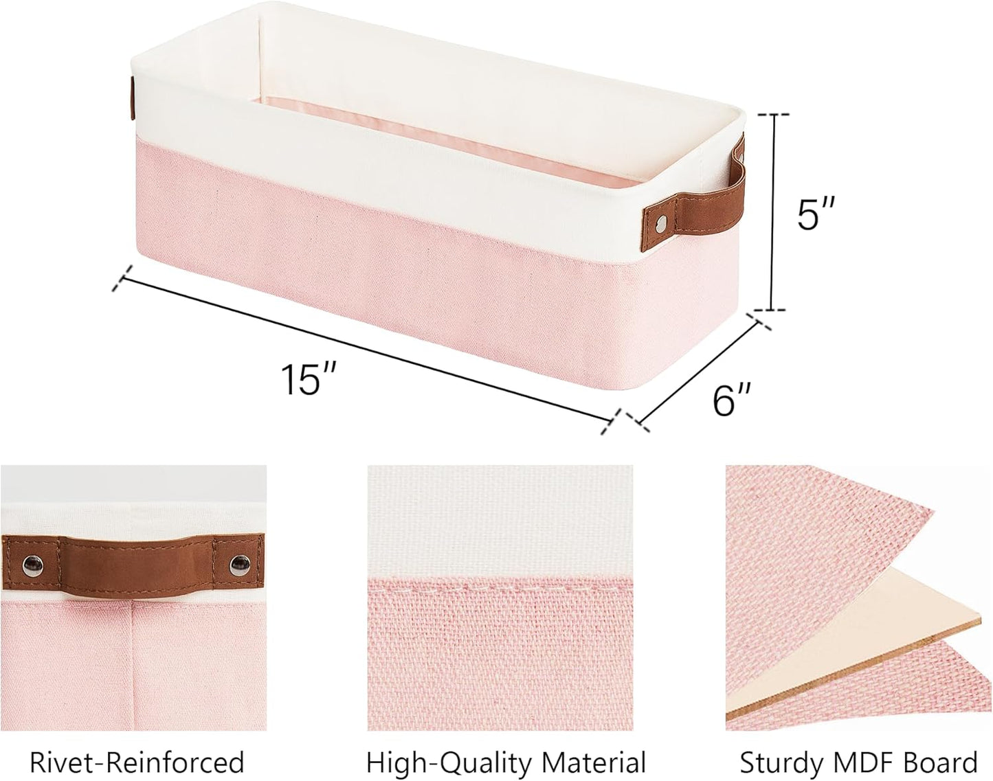 StorageWorks Narrow Storage Bins, Small Basket for Closet and Shelves, Fabric Organizer with Handles, Toilet Paper Storage, Pink and White, 2-Pack