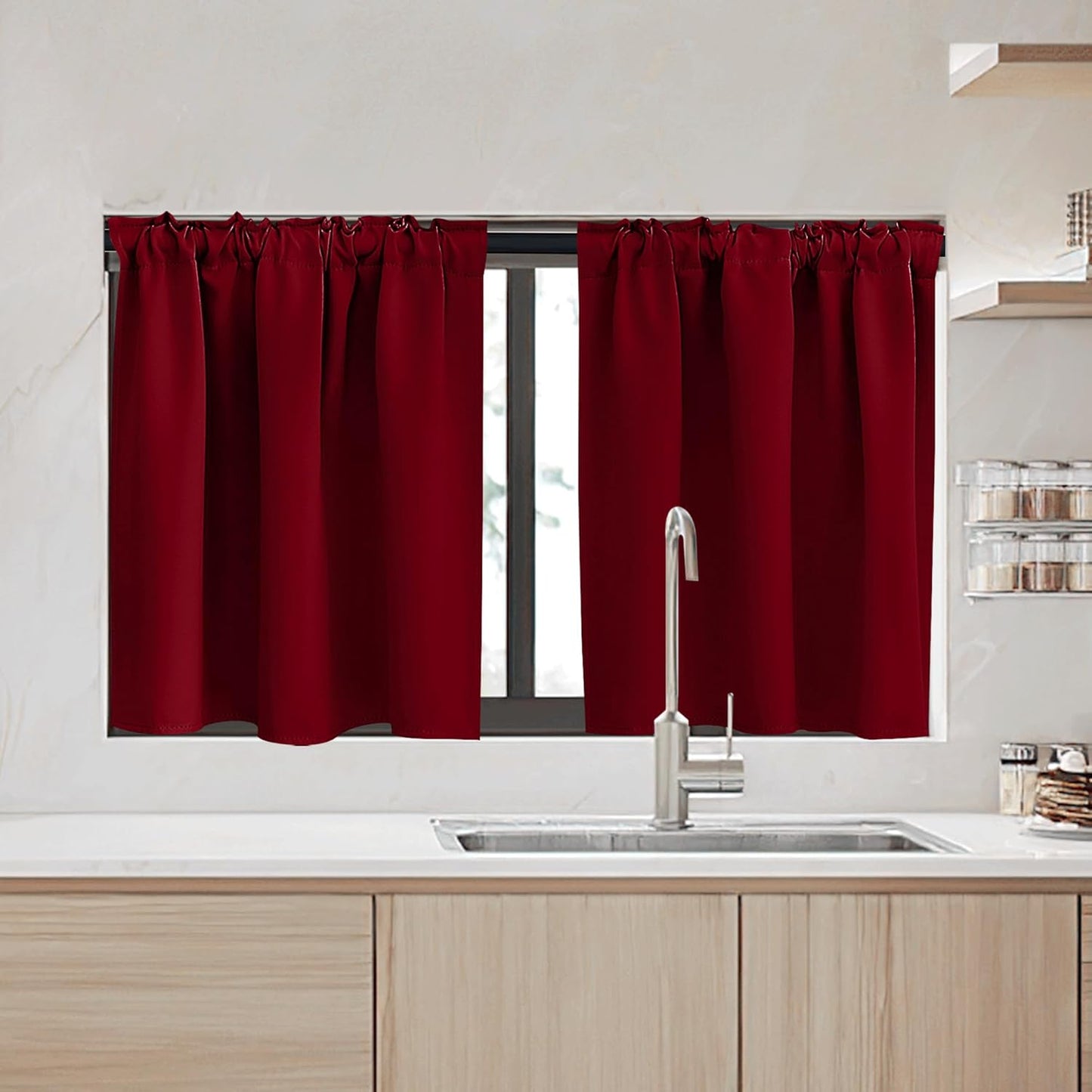 RYB HOME Small Window Curtains - Blackout Insualting Privacy Curtains for Kids Bedroom Kitchen Bathroom Basement Cafe Cabinet Tiers Drapes, 34 Width x 30 Length, 2 Panels, Burgundy Red