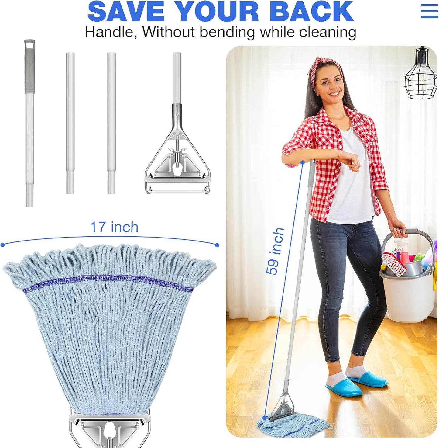 String Mop Heavy Duty for Floor Cleaning- Industrial Commercial Wet Mop with 59inch Mop Handle for Home Garage Office Workshop Warehouse Floor Cleaning