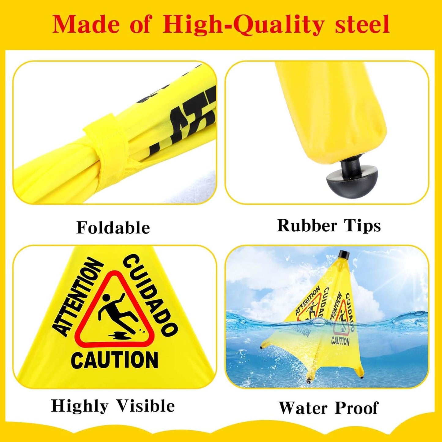 8-Packs Wet Floor Signs 20 Inch, Pop UP Bilingual Yellow Caution Wet Floor Sign with Wall Mounted Storage Tube Foldable, Slip Carefully Safety Cone Signs Pop up Caution Commercial Sign