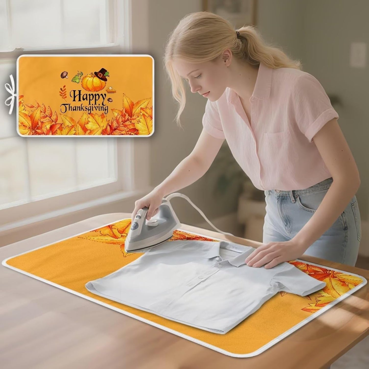 Yellow Ironing Mat Pumpkin Ironing Board Pad Heat Resistant, Portable, Quilting & Travel Blanket 32 x 16 Inch Thanksgiving Small Ironing Mat for Table Top,Countertop,Etc