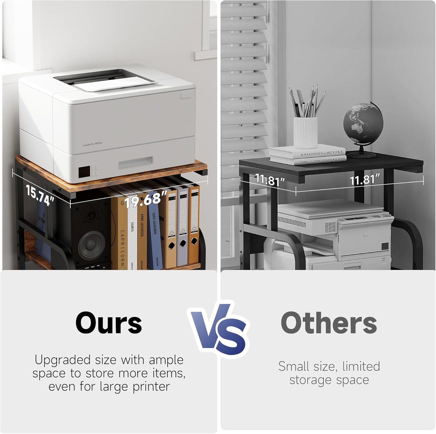 Warmiehomy Printer Stand, 20×16×28'' Printer Table with Wheels, 3 Tier Rolling Cart with Adjustable Storage Shelf, Space Saving 3D Desk for Home Office, Mini Fridge & Heat Press Stand, Rustic Brown