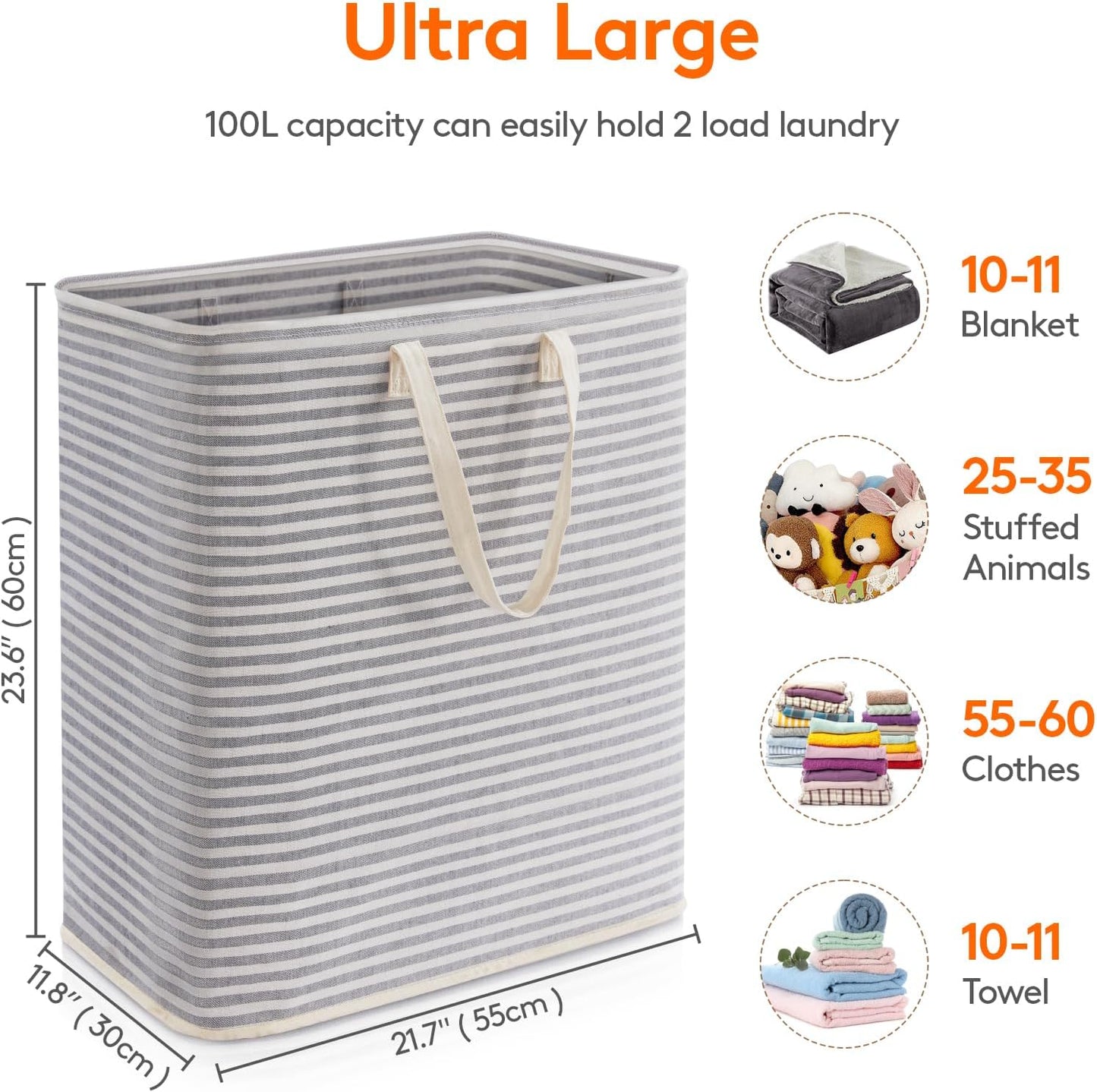 Lifewit Laundry Hamper Large Collapsible Laundry Basket, Freestanding Waterproof Clothes Hamper Storage with Easy Carry Handles for Clothes in Bedroom Bathroom College Dorm for Adults, Gray, 100L