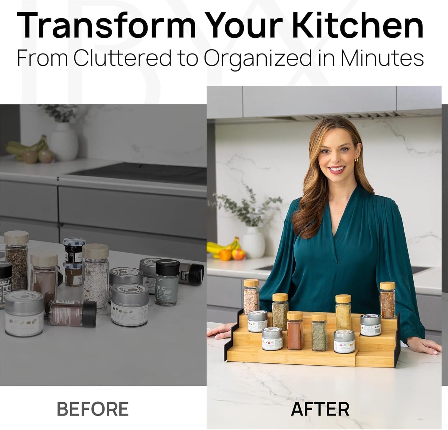 Ibyx Premium 3-Tier Spice Rack Organizer for Cabinet - Expandable Bamboo Spice Storage - Non-Skid Countertop Step Spice Shelf - Great for Kitchen Cabinet Countertop (Natural - Wide)