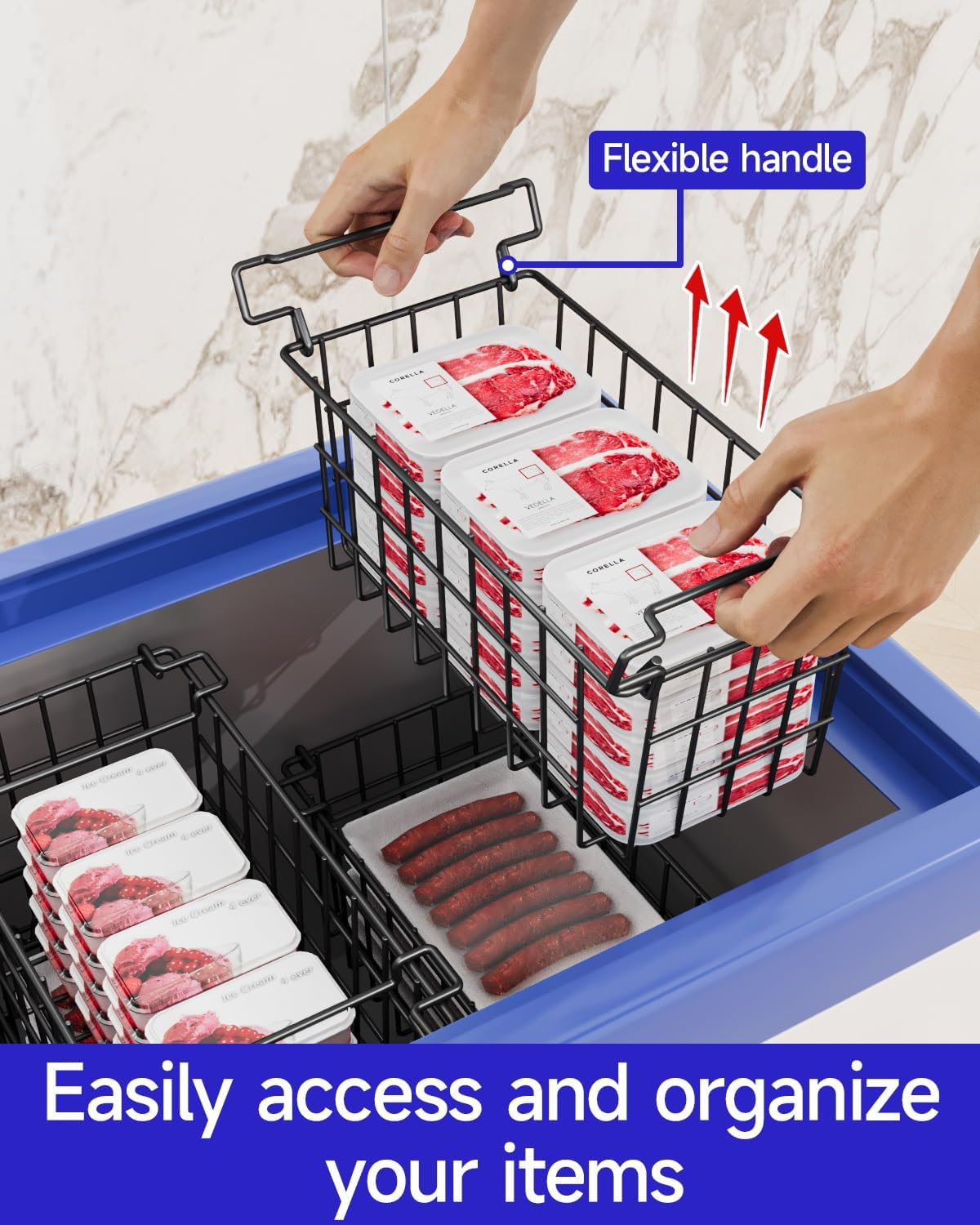 Freezer Organizer Bins - Fit 10 to 20 Cu.FT Deep Freezer, Stackable Chest Freezer Organizer Sort Frozen Food and Easily Get with Handle, 4 Pack Chest Freezer Bins, Black